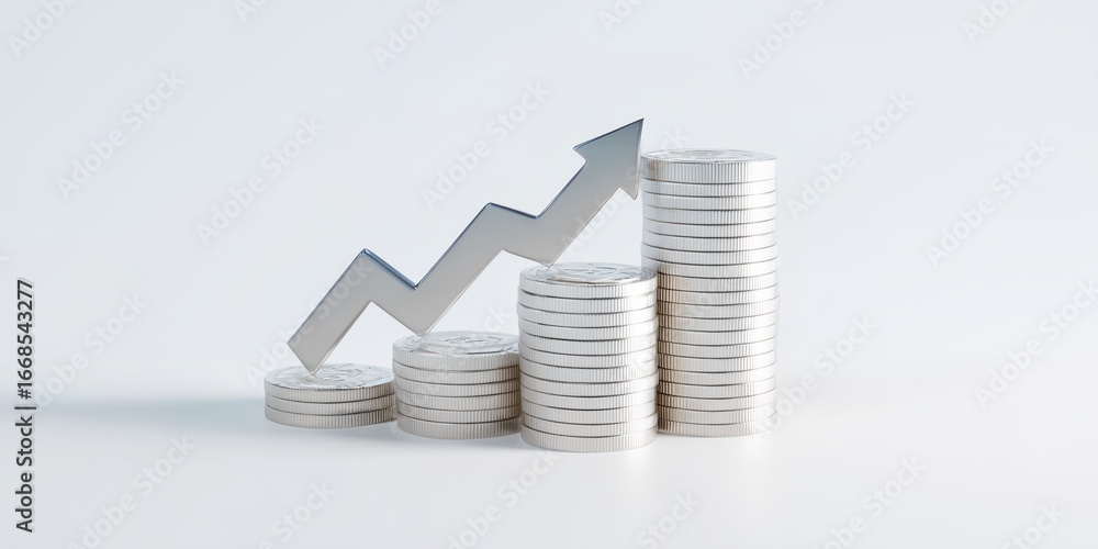 Poster stack of coins with a silver arrow pointing upwards.