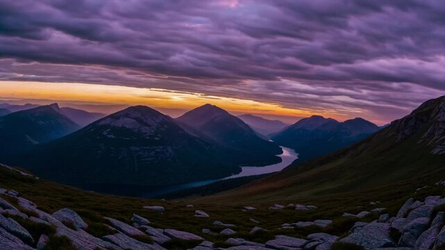 dusk wide-angle scene captured from mountain top, presenting view of body of water and numerous towering summits within vast mountainous territory