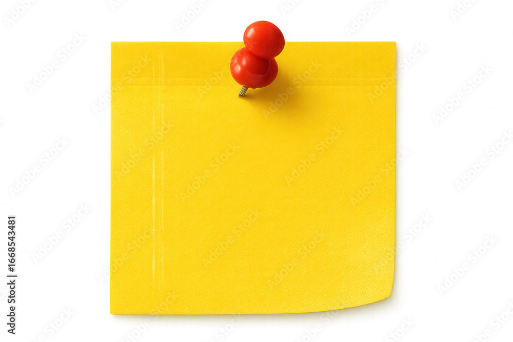 Poster yellow sticky note fastened by red pushpin, offering clean space for personalized notes against tran