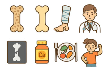 Bone Health Awareness. Flat vector mini-illustrations bone diseases awareness in colors children's illustrations: osteoporosis