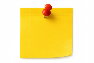 Yellow sticky note fastened by red pushpin, offering clean space for personalized notes against transparent background