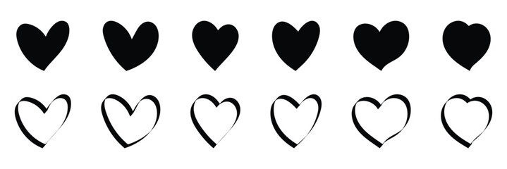 Heart icon set. Collection of heart icons in black art style. Romantic designs, valentine’s day cards, wedding invitations, logos, stickers. Vector illustration. EPS 10