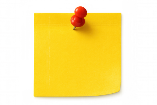 Yellow sticky note fastened by red pushpin, offering clean space for personalized notes against transparent background