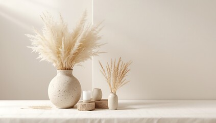 Elegant pampas grass arrangement in a ceramic vase, complemented by candles and soft sunlight, creating a serene and minimalist home decor scene