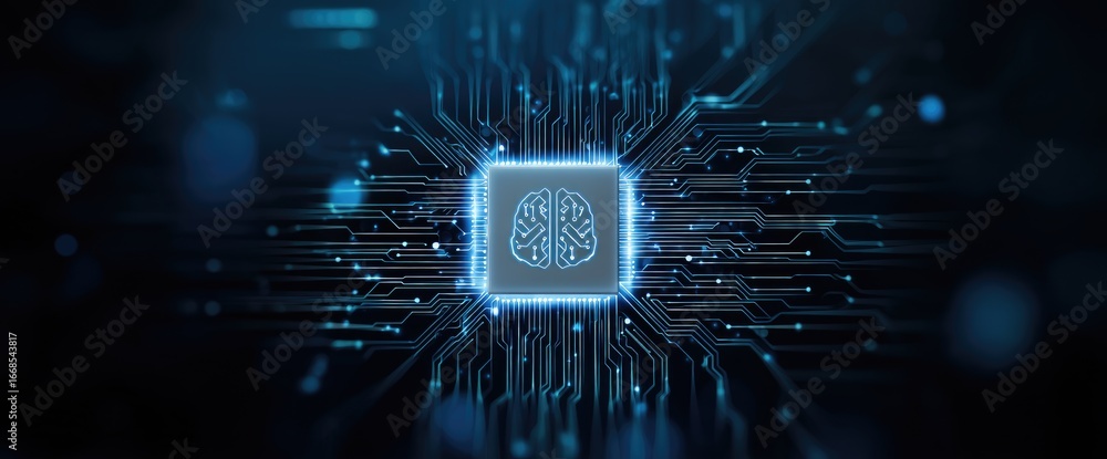 Aufkleber futuristic glowing ai microchip with brain icon on digital motherboard, representing artificial inte