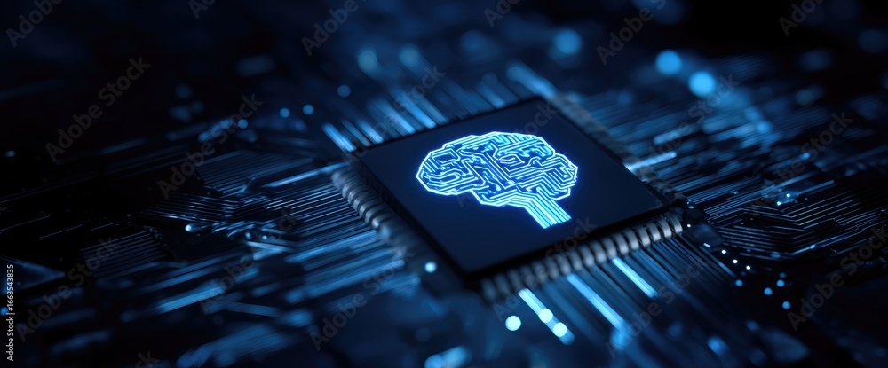 Aufkleber glowing artificial intelligence processor with digital brain circuit on futuristic motherboard backg