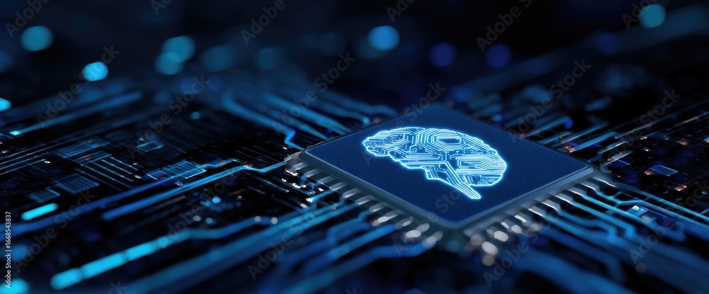 Aufkleber futuristic artificial intelligence processor with glowing brain circuit design on a digital motherbo