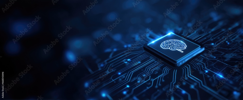 Aufkleber digital artificial intelligence chip with glowing brain icon integrated into futuristic circuit boar