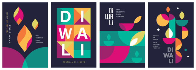 Set of happy Diwali Hindu festival modern design with diya oil lamps, colorful geometric and typography. Vector illustration for greeting card, poster, cover, banner.
