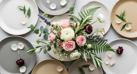 Elegant floral arrangement centered amongst pastel plates exudes sophisticated charm