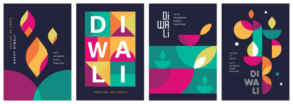 Set of happy Diwali Hindu festival modern design with diya oil lamps, colorful geometric and typography. Vector illustration for greeting card, poster, cover, banner.
