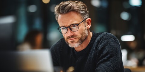 Fototapeta premium Man wearing glasses is sitting at a desk with a laptop.