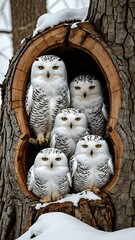 Snowy Owls Nestled in Winter Forest Inside a Wooden Hollow

