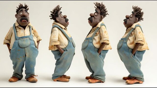 Clay puppet full body African fat drunk man character multiple poses and facial expression drunk eyes full of innocence slightly slouched posture crafted in stop-motion  multiple character
