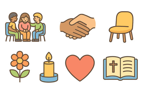 Children's Grief Support Icons. Flat vector mini-illustrations grief support in colors children's illustrations: support group,