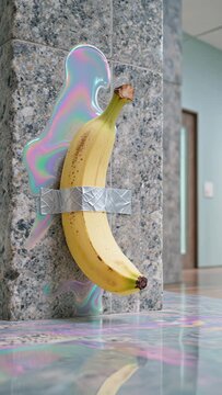 Surreal Banana Duct Taped to Marble in Art Gallery