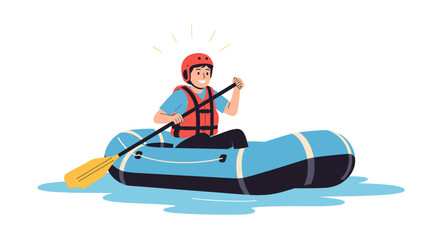 Smiling rafter enjoying whitewater adventure on inflatable raft with paddle and safety gear