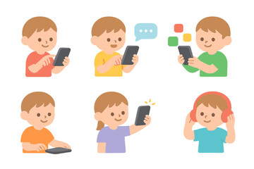 Fototapeta premium Children's Phone Habits. Flat vector mini-illustrations mobile usage habits in colors children's illustrations: child swiping