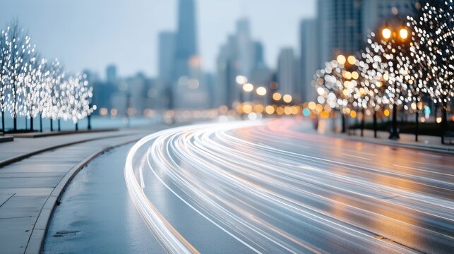 City Street at Night with Blurred Vehicle Lights and Trails - Powered by Adobe