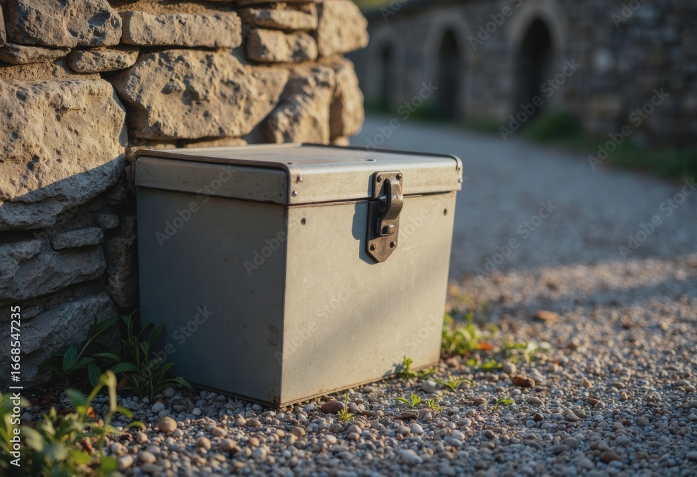 Poster dock box with a closed lid and latch resting against a stone wall