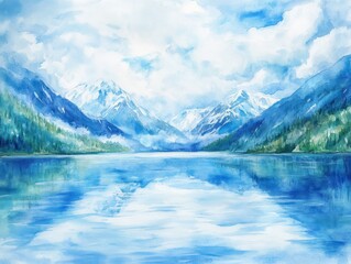 Serene Lake View: Watercolor Art of Snow-Capped Mountains Reflecting in Tranquil Waters of Alaska