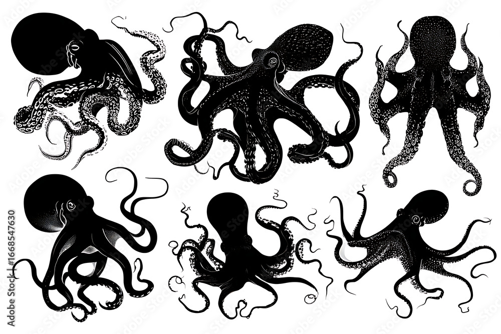 Aufkleber various artistic representations of octopuses showcasing different poses and styles