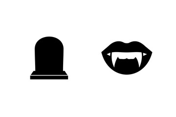 Spooky halloween icons featuring a tombstone and vampire fangs for festive decorations
