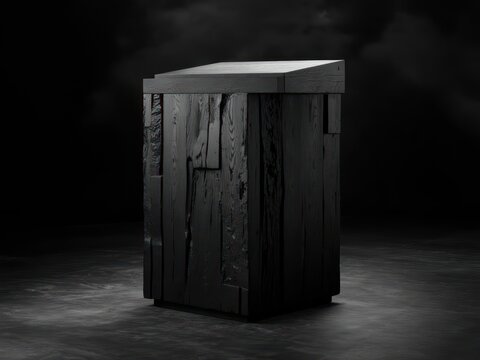 A black wooden podium stands against a dark background, showcasing its unique textured design. - Powered by Adobe