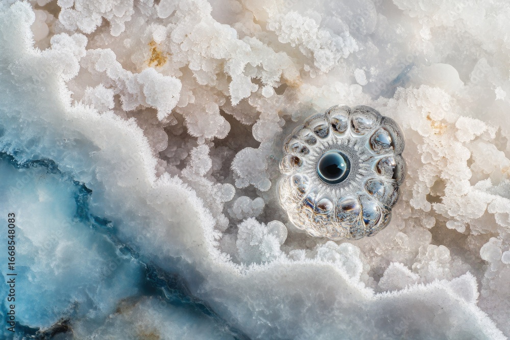 Poster a glass object rests on a textured, icy surface, creating a striking contrast of patterns and materi