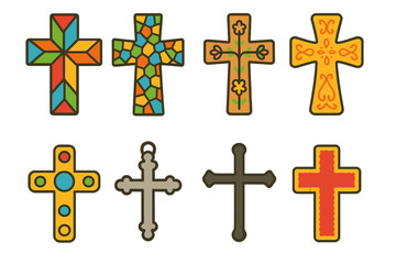 Obraz premium Colorful Cross Icons. Flat vector mini-illustrations cross in art and decoration in colors children's illustrations: stained glass
