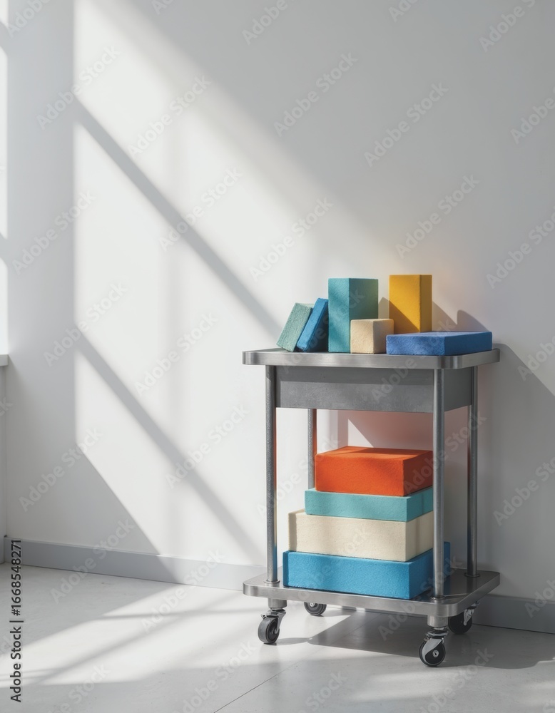 Poster maintenance cart with colorful foam blocks and liners in a bright space