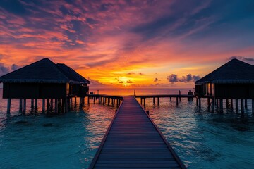 Obraz premium Romantic Maldives Sunset. Serene Sky and Clouds Over Luxury Water Villas, Wooden Pathway, and Peaceful Summer Reef