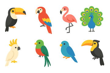 Naklejka premium Colorful Exotic Birds. Flat vector mini-illustrations exotic birds in colors children's illustrations: toucan, macaw, flamingo,