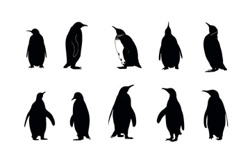 Naklejka premium Silhouettes of Penguins Displaying Various Poses and Angles Against a White Background