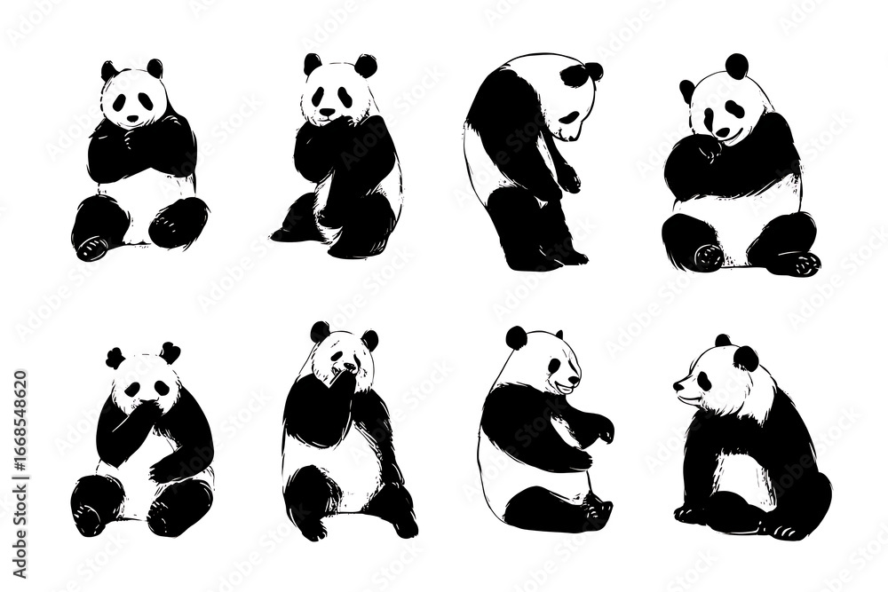 Poster eight playful pandas showcasing various poses and emotions in a minimalist style