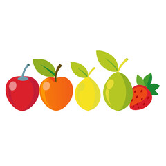 Vibrant assortment of fresh, colorful fruits including cherry, apple, lemon, pear, and strawberry, perfect for healthy eating, food blogs, and design projects, ideal for commercial use.