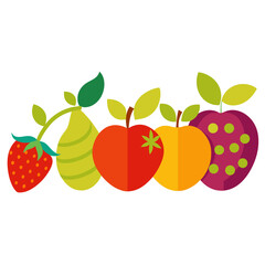 Fresh, vibrant fruit collection featuring strawberry, pear, apples in various colors, perfect for healthy eating, nutrition, and creative design projects