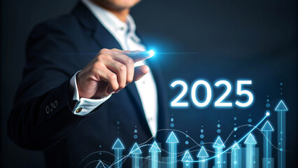 Business professional projecting future growth for 2025, showcasing dynamic financial trends and upward trajectory with bold vision