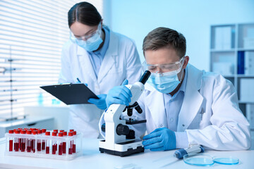 Medical analysis. Scientists working with microscope in laboratory