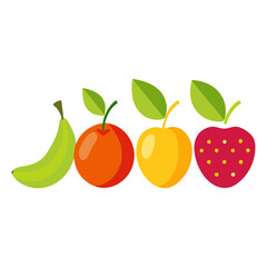 Fresh, vibrant fruit collection: banana, orange, apple, and strawberry, perfect for healthy eating, food blogs, children's books, and nutrition education, a colorful food illustration