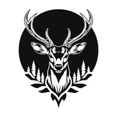 Deer head silhouette with antlers in black and white line art, bold animal profile with strong forest vibe, deer head, deer silhouette, antler art, forest animal, wildlife illustration