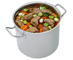 Panela com caldo de carne com legumes isolado em fundo transparente