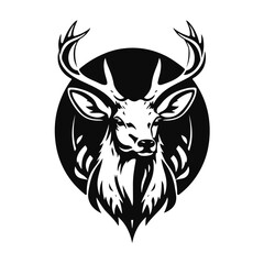 Deer head silhouette with antlers in black and white line art, bold animal profile with strong forest vibe, deer head, deer silhouette, antler art, forest animal, wildlife illustration
