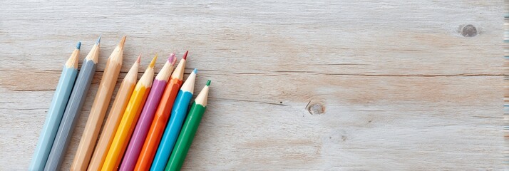 Obraz premium Row of pencils on a wooden surface.