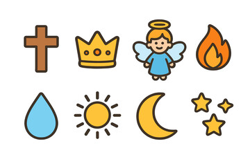 Colorful Psalm Symbols. Flat vector mini-illustrations psalm symbols in colors children's illustrations: cross, crown, angel,