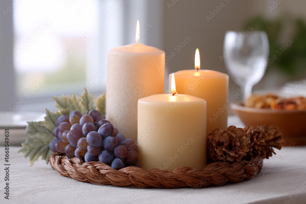 Poster three candles are lit on a table with a basket of grapes and pine cones.
