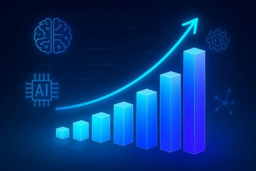 Futuristic blue bar chart with upward trend and ai icons