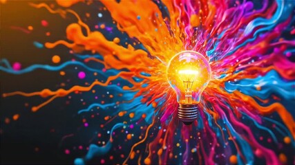 Vibrant explosion of creativity and innovation with bright lightbulb symbolizing a brilliant idea in motion, a dynamic concept for business successai generated, 3d animation 4k video clip