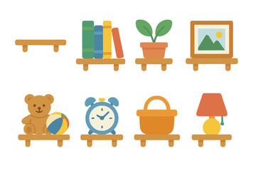 Colorful Shelf Icons. Flat vector mini-illustrations shelves in colors children's illustrations: wooden shelf, books, potted plant