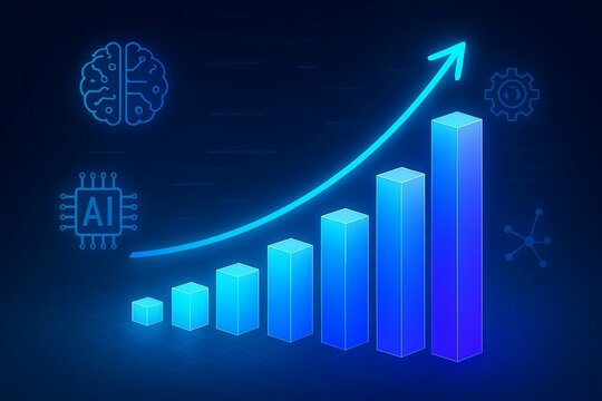 Futuristic blue bar chart with upward trend and ai icons